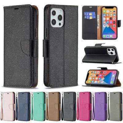 For iPhone 13 Pro Max Solid Color Lychee Pattern Flip Leather Case with Wrist Strap & Stand Function