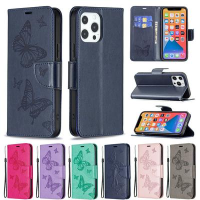 For iPhone 13 Pro Max Embossed Double Butterfly Wallet Leather Case with Stand & Card Slots Function