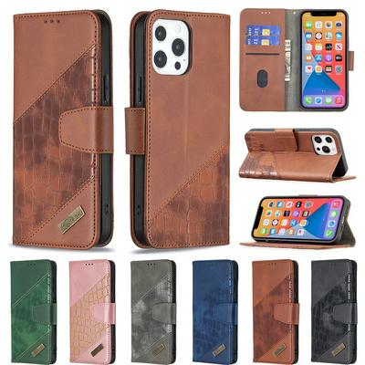 For iPhone 13 Pro Max Colorblock Crocodile Pattern Scratch Resistant PU Leather Wallet Phone Case with Stand &Card Slots 