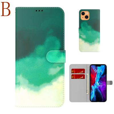 For iPhone 13 Watercolor Pattern Scratch Resistant Wallet Leather Case with Card Slots
