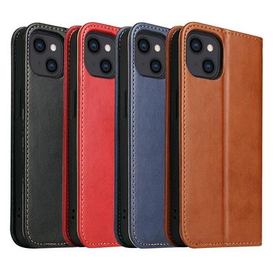 For iPhone 13 Genuine Leather Texture Folio Flip Wallet Phone Cover with Holder & Card Slot Function