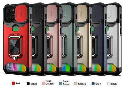 For iPhone 13 Ring Bracket Card Slot 2 in 1 Invisible Sliding Window Type Hard PC Back Cover Case