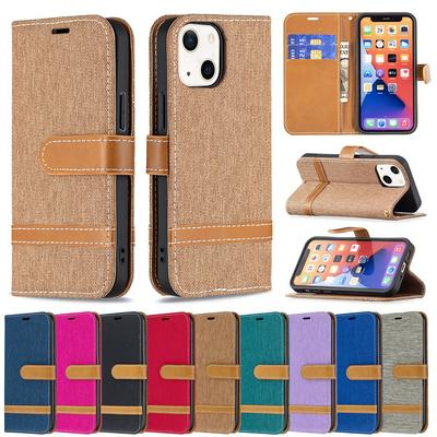 For iPhone 13 Color Block Denim Cloth PU Leather Wallet Phone Case with Card Slots&Stand 