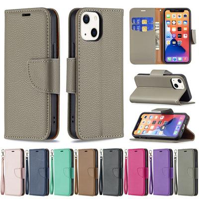 For iPhone 13 Solid Color Lychee Pattern Flip Leather Case with Card Slots & Stand Function