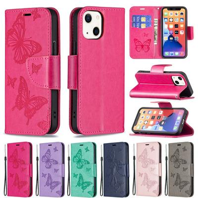For iPhone 13 Embossed Double Butterfly Wallet Leather Case with Stand & Card Slots Function