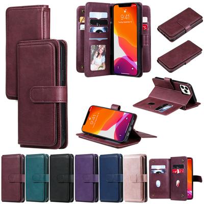 For iPhone 13 Pro Max Solid Color Anti-fall 10 Card Slots Wallet Style Flip Leather Case with Stand Function