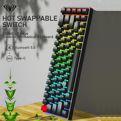 AULA F3068 68 keys Mini Wooden blue switch Portable Gaming Mechanical Keyboard Wireless Bluetooth Backlit Hot Swappable Keyboard Games For Win/MAC