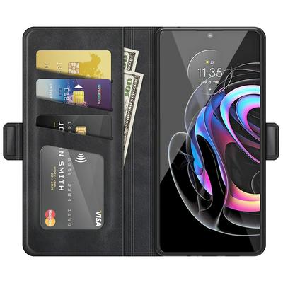 For Motorola Edge 20 Pro 5G Double Buckle Wallet Style Folio Flip Leather Case with Stand and Card Slots Function