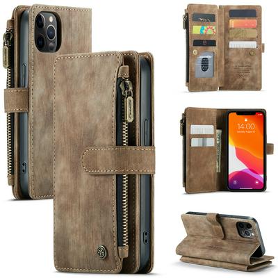 For iPhone 12/12 Pro(6.1) Retro Zipper Wallet Style PU Leather+TPU Flip Phone Case