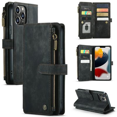For iPhone 13 Pro Max Retro Zipper Wallet Style PU Leather+TPU Flip Phone Case