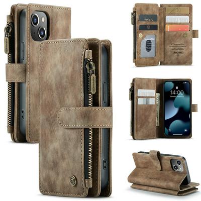 For iPhone 13 mini Retro Zipper Wallet Style PU Leather+TPU Flip Phone Case