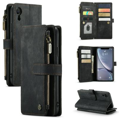 For iPhone XR 6.1 Retro Zipper Wallet Style PU Leather+TPU Flip Phone Case