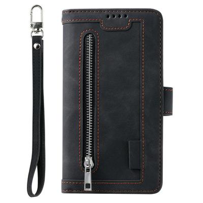 For iPhone 13 mini Nine Card Holder Slots Zipper Pocket PU Leather Case with Wrist Strap 