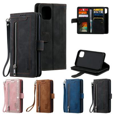 For iPhone 13 Nine Card Holder Slots Zipper Pocket PU Leather Case with Wrist Strap 