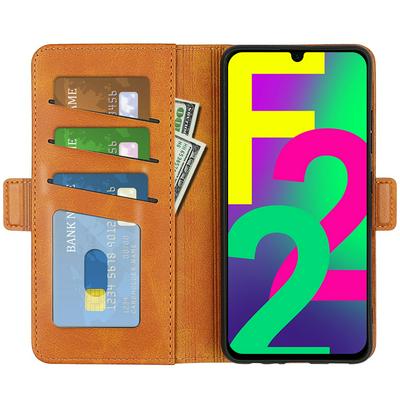 For Samsung Galaxy F22 4G Double Buckle Wallet Style Folio Flip Leather Case with Stand and Card Slots Function