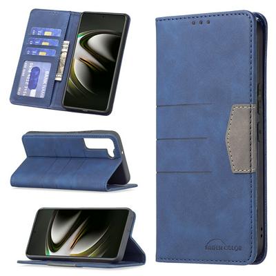 For Samsung Galaxy S22 Stitching Color Scratch Resistant PU Leather Wallet Phone Case with Stand &Card Slots 
