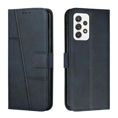 For Samsung Galaxy A73 5G Stitching Calfskin Flip Leather Case with Stand and Card Slots Function
