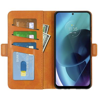 For Motorola Moto G71 5G Double Buckle Wallet Style Folio Flip Leather Case with Stand and Card Slots Function