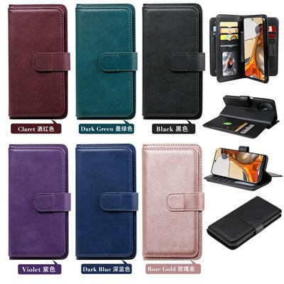 For Xiaomi 11T Solid Color Anti-fall 10 Card Slots Wallet Style Flip Leather Case with Stand Function