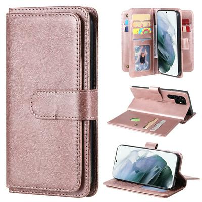 For Samsung Galaxy S22 Ultra Solid Color Anti-fall 10 Card Slots Wallet Style Flip Leather Case with Stand Function
