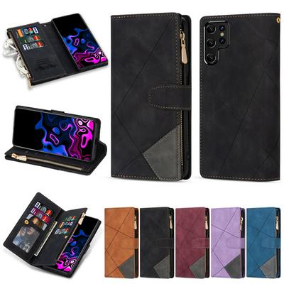 For Samsung Galaxy S22 Ultra Stitching Pattern Zipper Pocket Card Slots Wallet Leather Case