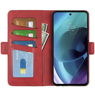 For Motorola Moto G51 5G Double Buckle Wallet Style Folio Flip Leather Case with Stand and Card Slots Function