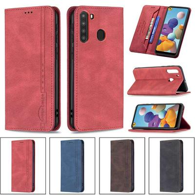 For Samsung Galaxy A21 Magnetic Closure Anti-Theft Brush Protection BF08 Style PU Leather Phone Case 