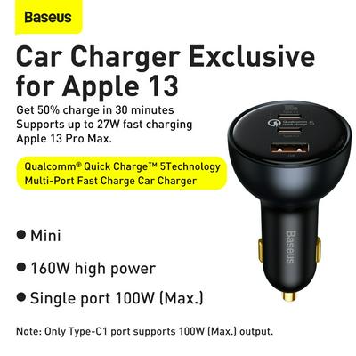 Baseus Qualcomm® Quick Charge™ 5 Technology Multi-Port Fast Charge Car Charger C+C+U 160W Set Gray