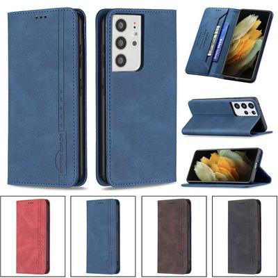 For Samsung Galaxy S21 Ultra 5G Magnetic Closure Anti-Theft Brush Protection BF08 Style PU Leather Phone Case 