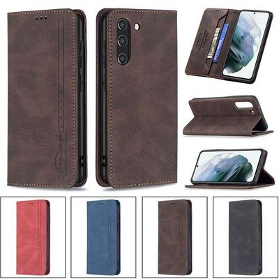 For Samsung Galaxy S21 FE Magnetic Closure Anti-Theft Brush Protection BF08 Style PU Leather Phone Case 