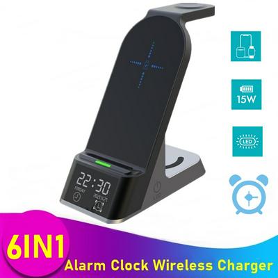 6IN1 Alarm Clock Wireless Charger Stand For Airpods Pro Apple Watch 15W Fast Charging Station For Iphone XR XS 11 12 13 Pro Max