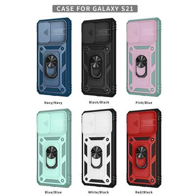 Ring Holder Kickstand Camera Slide Cover Design PC + TPU Phone Back Cover Case for Samsung Galaxy S21
