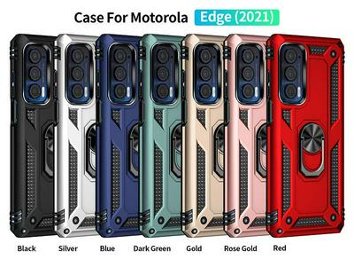For Motorola Edge (2021) Sergeant Shockproof Drop-proof PC+TPU Phone Protective Case with Metal Ring Kickstand and Metal Patch 