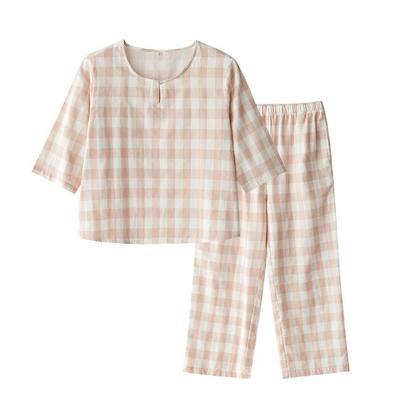 Women's Spring and Summer Pure Cotton Gauze Three-quarter Sleeve Pajamas Suit for Home Wear and Outside