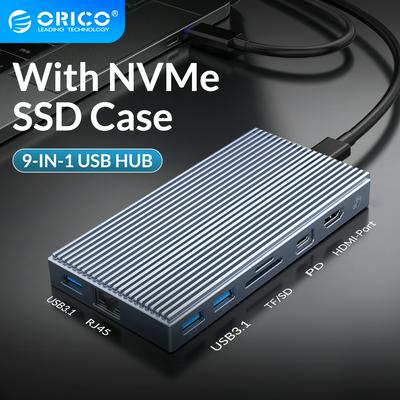 ORICO USB C HUB with External M.2 NVMe SSD Enclosure to 4K60Hz USB 3.1 10Gbps PD100 Charging RJ45 Adapter Type-C Docking Station
