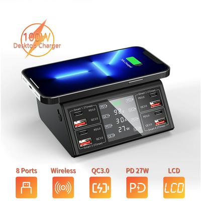 100W 8 Port USB Charger PD QC3.0 USB C Fast Phone Charger Qi Wireless Charger Charging Station For iPhone 13 12 Xiaomi Samsung