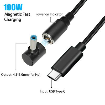 100W USB C Type C PD to Dc Power Adapter Converter for Hp Laptop Charging Connector 4.5x3.0mm Magnetic USB C Header Cable Wire