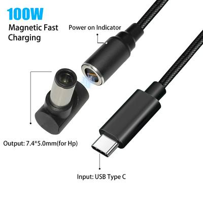 USB C to DC 7.4x5.0mm Power Adapter Connector for Hp Pavilion Notebook Charger100W Magnetic Type C PD Fast Laptop Charging Cable