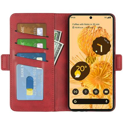 For Google Pixel 7 Double Buckle Wallet Style Folio Flip Leather Case with Stand and Card Slots Function