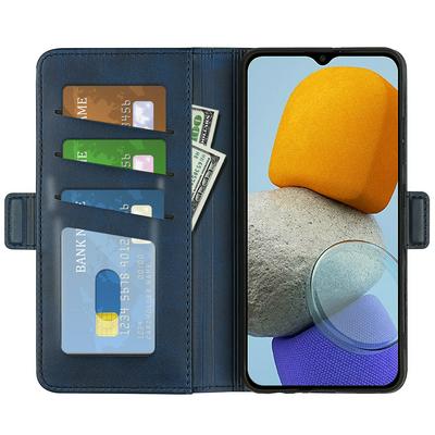 For Samsung Galaxy M13 5G Double Buckle Wallet Style Folio Flip Leather Case with Stand and Card Slots Function