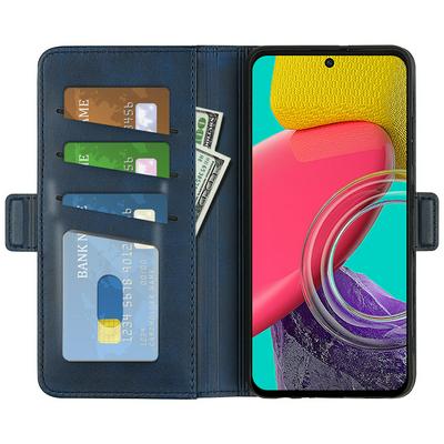 For Samsung Galaxy M53 Double Buckle Wallet Style Folio Flip Leather Case with Stand and Card Slots Function