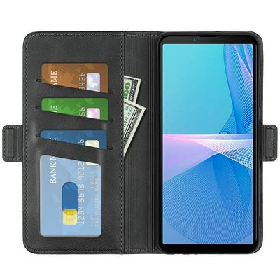 For Sony Xperia 10 IV Double Buckle Wallet Style Folio Flip Leather Case with Stand and Card Slots Function