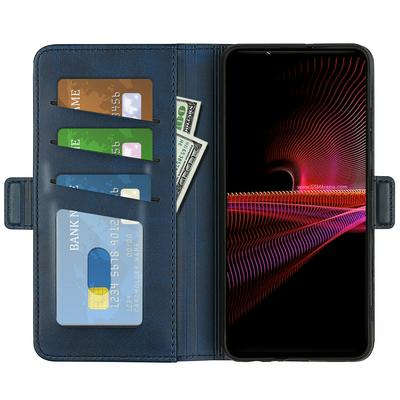 For Sony Xperia 1 IV Double Buckle Wallet Style Folio Flip Leather Case with Stand and Card Slots Function