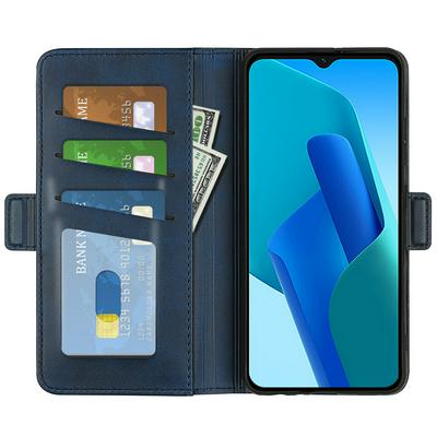 For Oppo A16E Double Buckle Wallet Style Folio Flip Leather Case with Stand and Card Slots Function