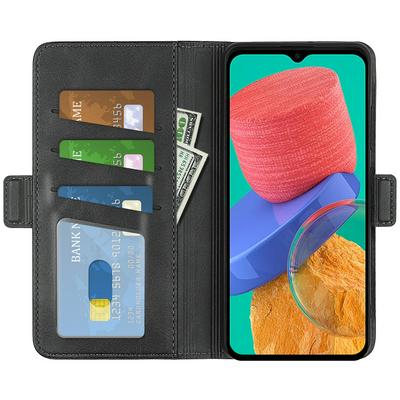 For Samsung Galaxy M33 Double Buckle Wallet Style Folio Flip Leather Case with Stand and Card Slots Function