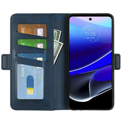For Motorola Moto G 5G 2022 Double Buckle Wallet Style Folio Flip Leather Case with Stand and Card Slots Function
