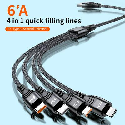 4 in 1 66W 6A USB to 8 Pin + Micro USB + Dual USB-C / Type-C Fast Charging Data Cable, Cable Length: 1.2m/2m(Black)