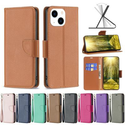 For iPhone 14 Solid Color Lychee Pattern Flip Leather Case with Card Slots & Stand Function