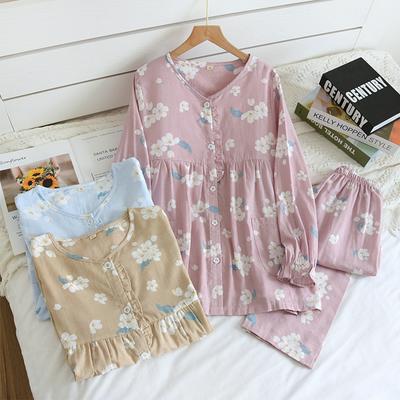Cotton Gauze Long-sleeved Thin Pajamas Suit Women's Home Wear Set