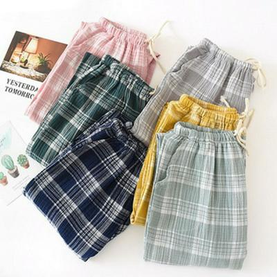 Women's Washed Cotton Gauze Trousers Thin Japanese Plaid Crepe Home Sleep Pants